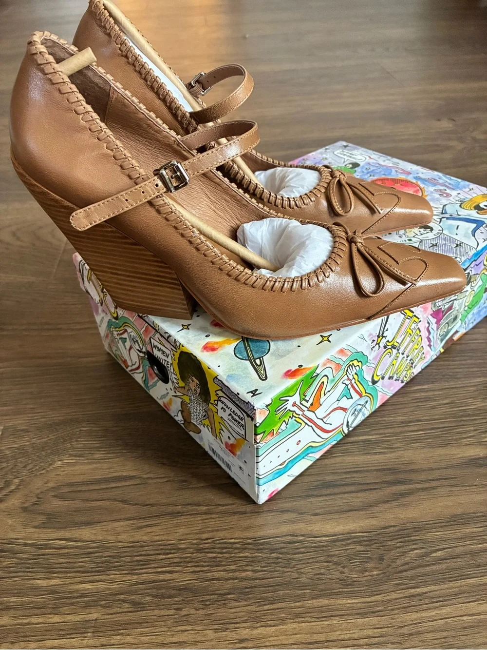 Free People “Amorette”Cognac Tan Leather Mary Jane Block Heels
